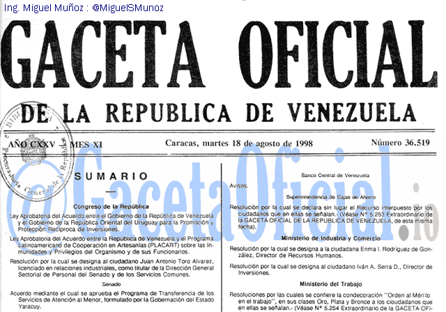 Gaceta Oficial 36519 del 18 Agosto 1998