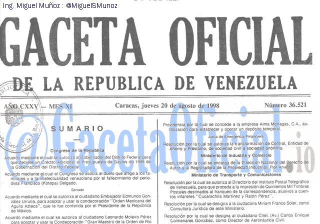 Gaceta Oficial 36521 del 20 Agosto 1998