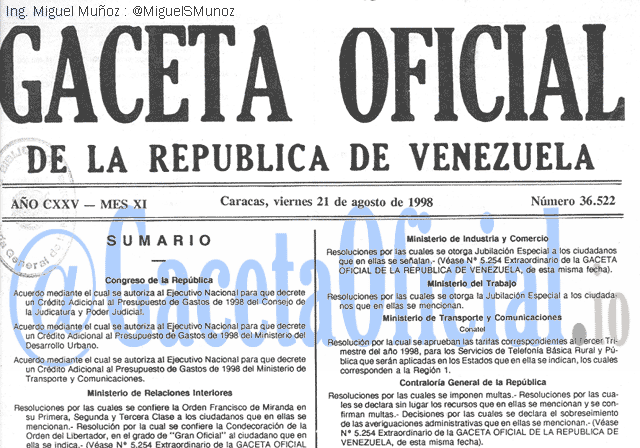 Gaceta Oficial 36522 del 21 Agosto 1998