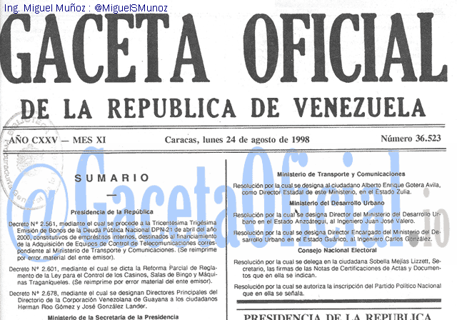 Gaceta Oficial 36523 del 24 Agosto 1998