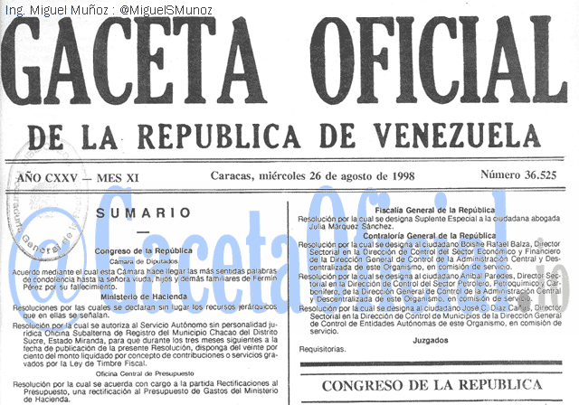 Gaceta Oficial 36525 del 26 Agosto 1998