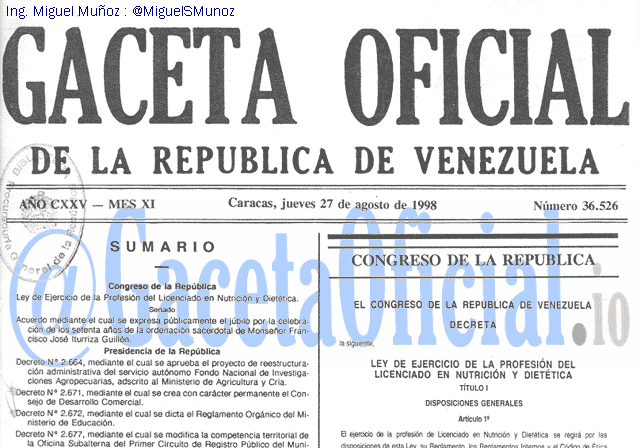 Gaceta Oficial 36526 del 27 Agosto 1998
