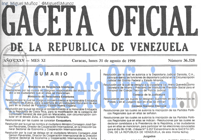 Gaceta Oficial 36528 del 31 Agosto 1998