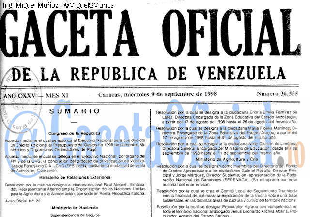 Gaceta Oficial 36535 del 9 Septiembre 1998