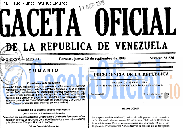 Gaceta Oficial 36536 del 10 Septiembre 1998