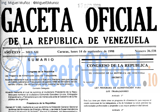 Gaceta Oficial 36538 del 14 Septiembre 1998