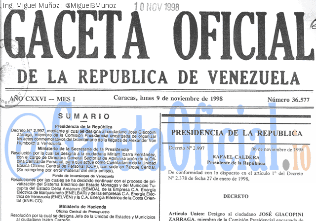 Gaceta Oficial 36577 del 9 Noviembre 1998