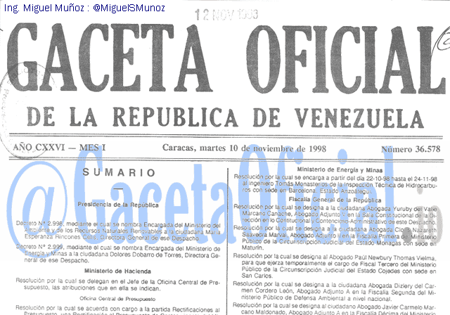 Gaceta Oficial 36578 del 10 Noviembre 1998
