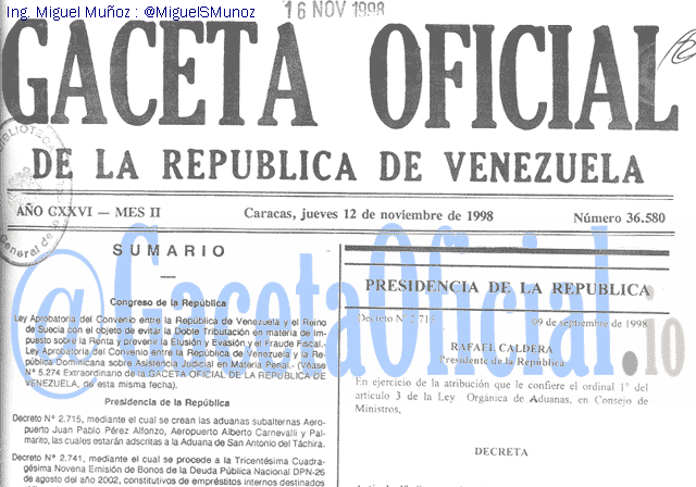 Gaceta Oficial 36580 del 12 Noviembre 1998