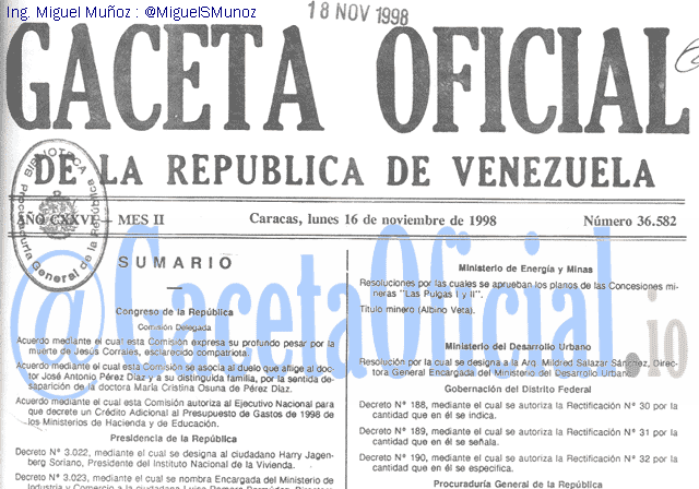 Gaceta Oficial 36582 del 16 Noviembre 1998