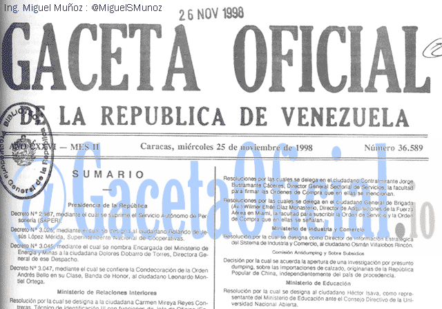 Gaceta Oficial 36589 del 25 Noviembre 1998