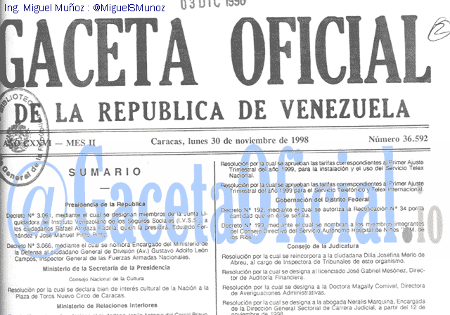 Gaceta Oficial 36592 del 30 Noviembre 1998