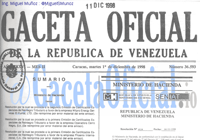 Gaceta Oficial 36593 del 1 Diciembre 1998