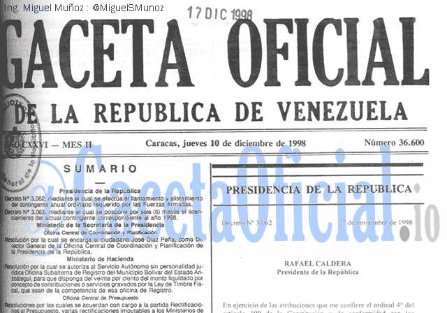 Gaceta Oficial 36600 del 10 Diciembre 1998