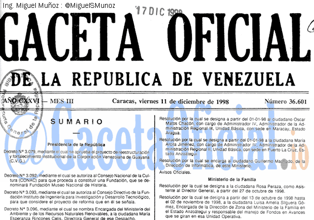 Gaceta Oficial 36601 del 11 Diciembre 1998