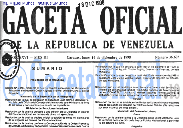 Gaceta Oficial 36602 del 14 Diciembre 1998