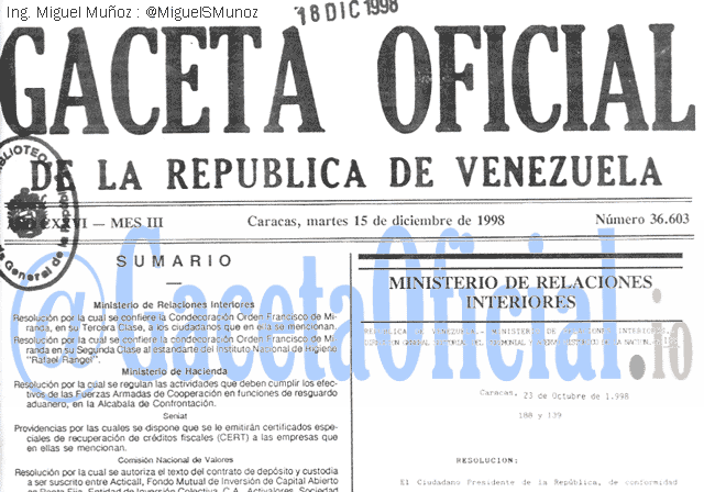 Gaceta Oficial 36603 del 15 Diciembre 1998