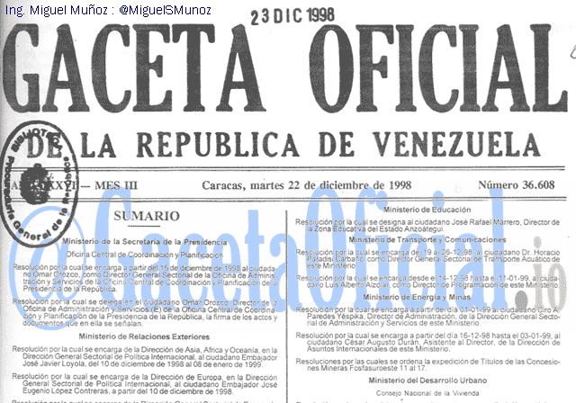 Gaceta Oficial 36608 del 22 Diciembre 1998
