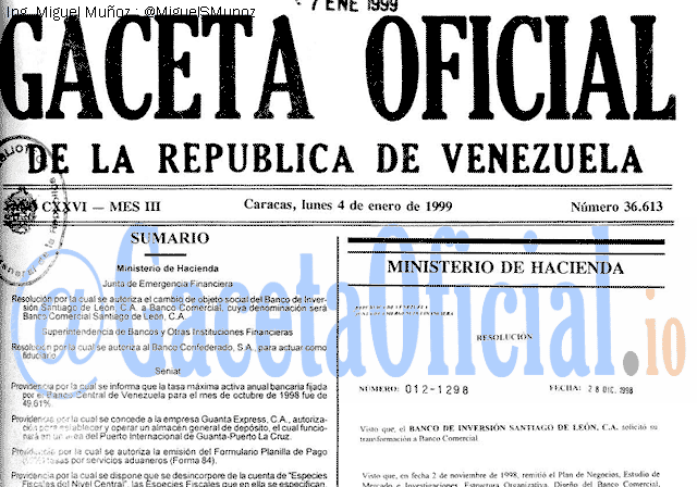 Gaceta Oficial 36613 del 4 Enero 1999