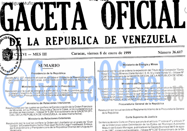 Gaceta Oficial 36617 del 8 Enero 1999
