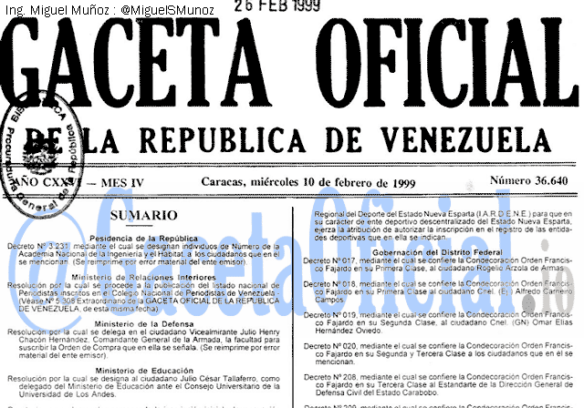 Gaceta Oficial 36640 del 10 Febrero 1999
