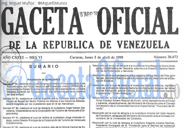Gaceta Oficial 36673 del 5 Abril 1999