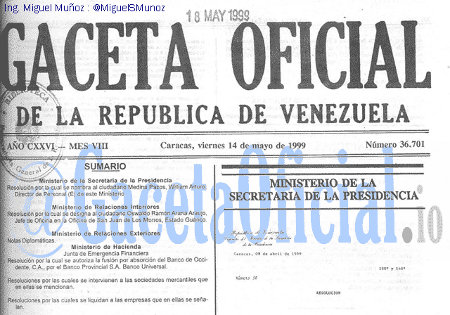 Gaceta Oficial 36701 del 14 Mayo 1999