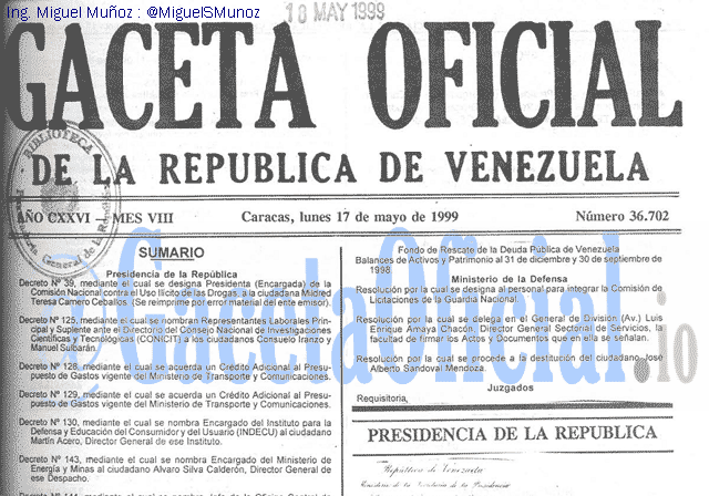Gaceta Oficial 36702 del 17 Mayo 1999
