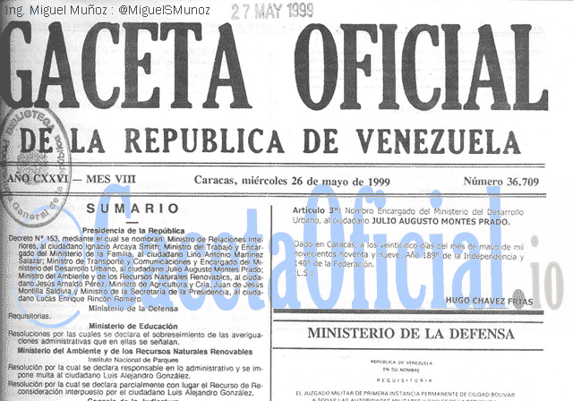 Gaceta Oficial 36709 del 26 Mayo 1999