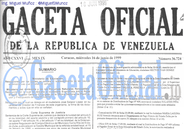 Gaceta Oficial 36724 del 16 Junio 1999