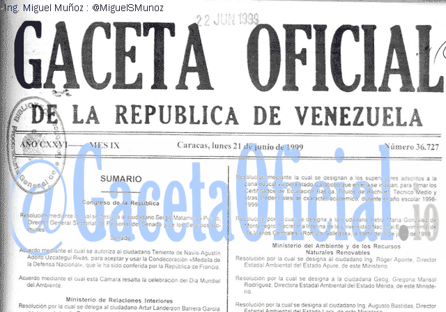 Gaceta Oficial 36727 del 21 Junio 1999