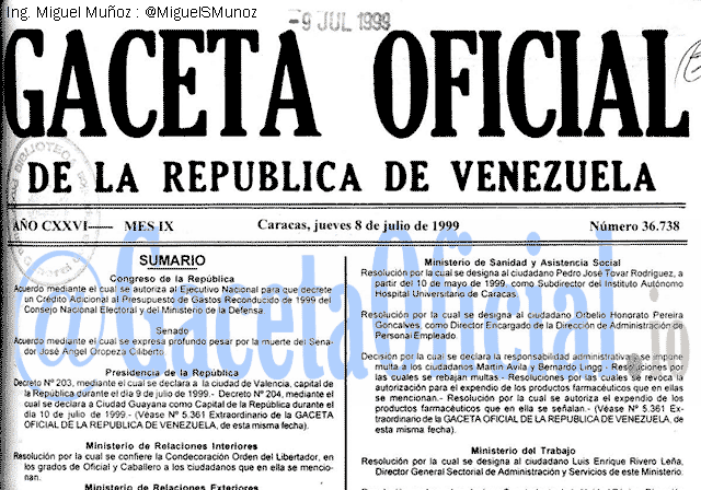 Gaceta Oficial 36738 del 8 Julio 1999