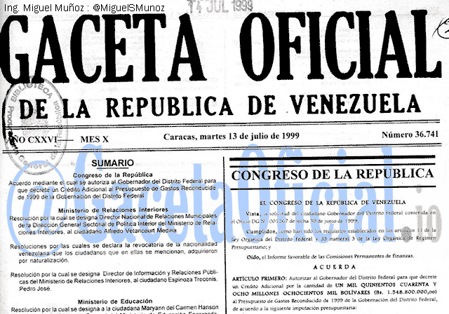 Gaceta Oficial 36741 del 13 Julio 1999