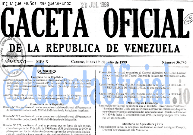 Gaceta Oficial 36745 del 19 Julio 1999