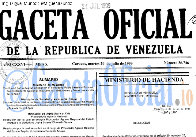 Gaceta Oficial 36746 del 20 Julio 1999