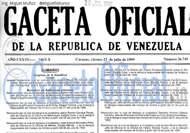 Gaceta Oficial 36749 del 23 Julio 1999