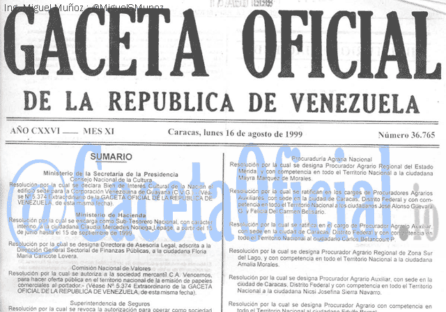 Gaceta Oficial 36765 del 16 Agosto 1999