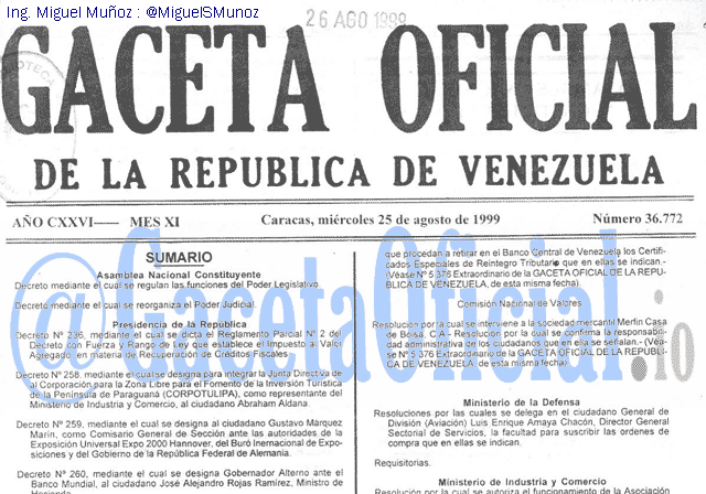 Gaceta Oficial 36772 del 25 Agosto 1999