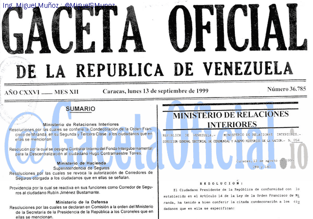 Gaceta Oficial 36785 del 13 Septiembre 1999