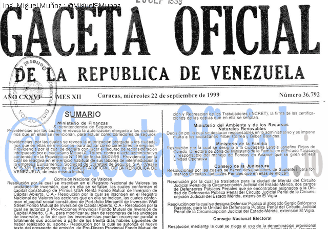 Gaceta Oficial 36792 del 22 Septiembre 1999