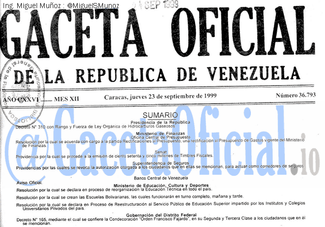 Gaceta Oficial 36793 del 23 Septiembre 1999