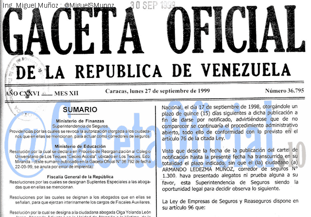 Gaceta Oficial 36795 del 27 Septiembre 1999