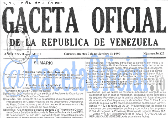 Gaceta Oficial 36825 del 9 Noviembre 1999