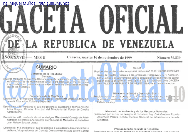 Gaceta Oficial 36830 del 16 Noviembre 1999