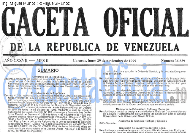 Gaceta Oficial 36839 del 29 Noviembre 1999