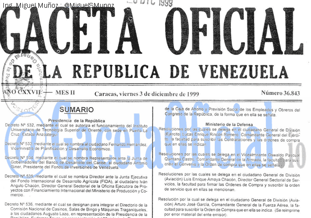 Gaceta Oficial 36843 del 3 Diciembre 1999