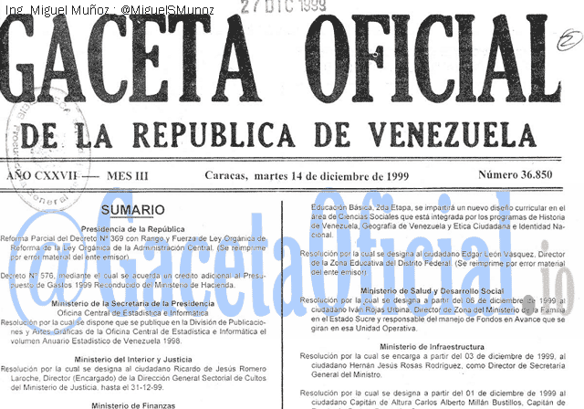 Gaceta Oficial 36850 del 14 Diciembre 1999