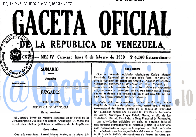Gaceta Oficial 4160 del 5 Febrero 1990
