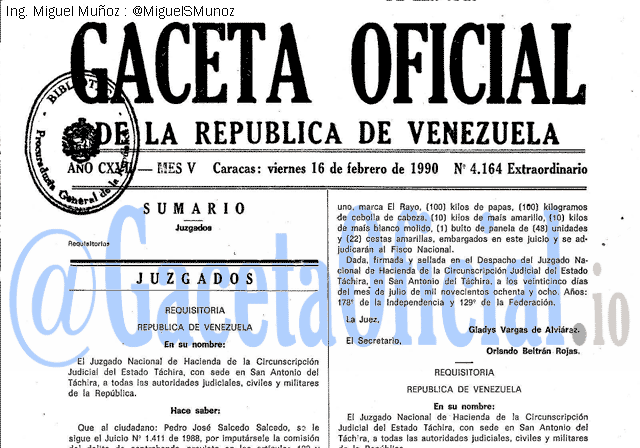 Gaceta Oficial 4164 del 16 Febrero 1990