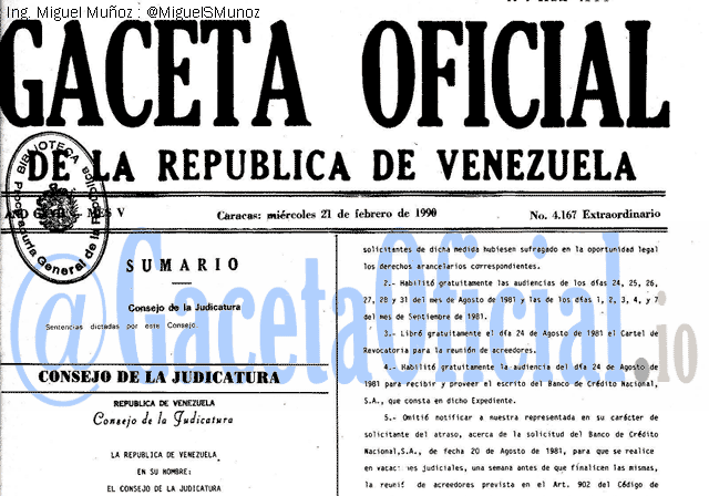 Gaceta Oficial 4167 del 21 Febrero 1990
